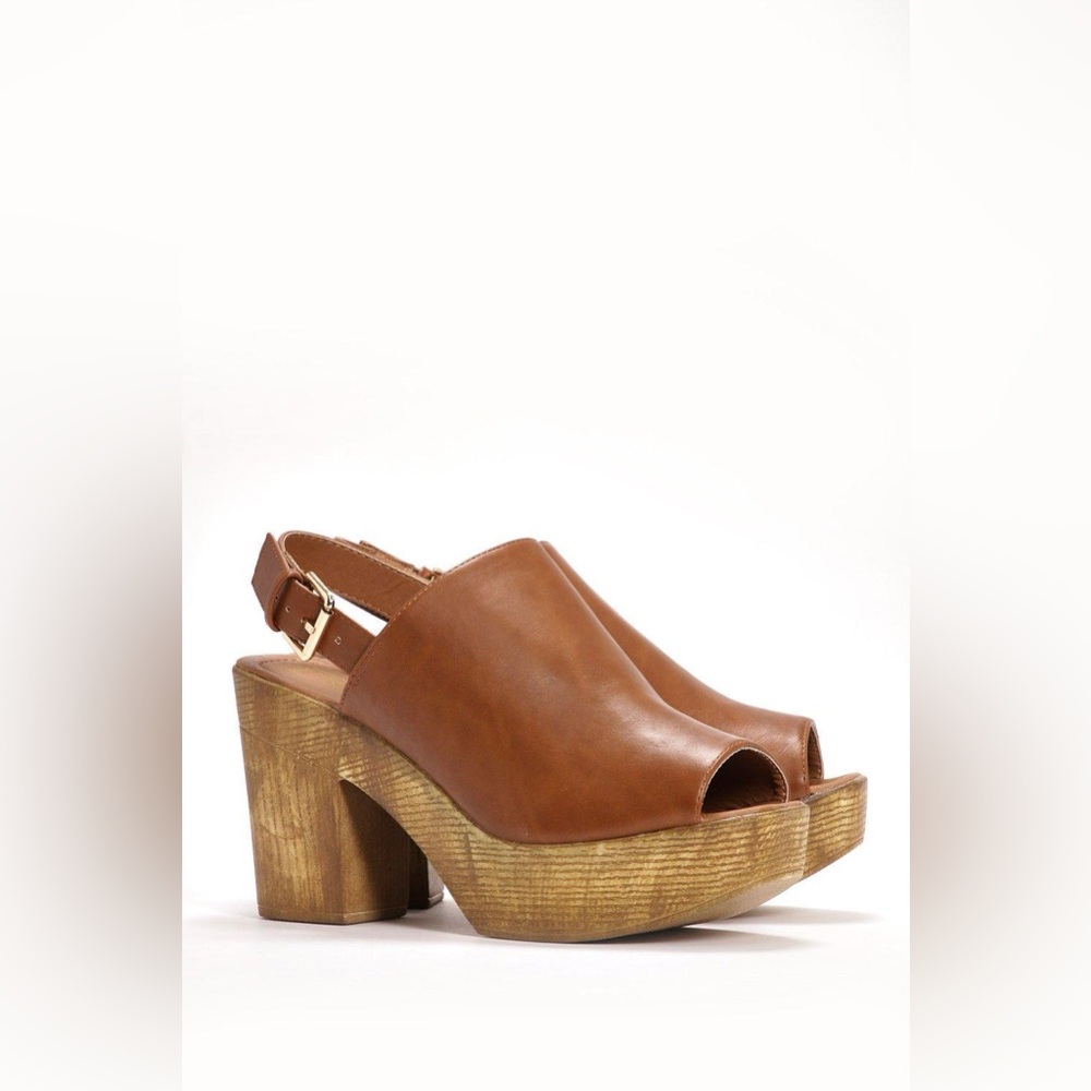Nasty Gal Brown Moving On Up Wood Platform Peep Toe Mules Size